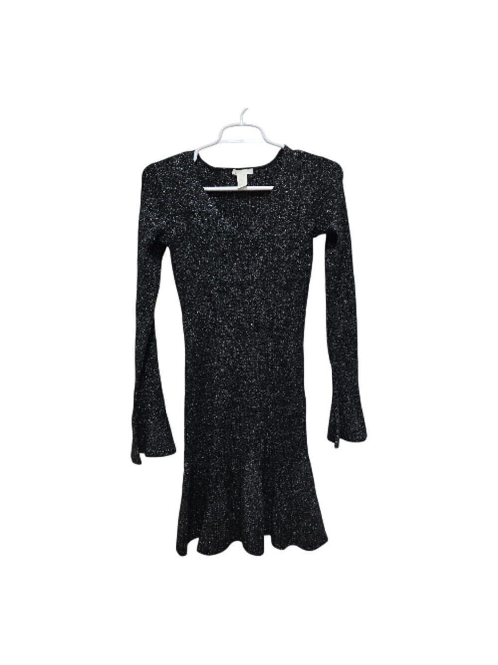 H&M Black Silver Metallic Knit Long Sleeve Fit Flare Dress XS